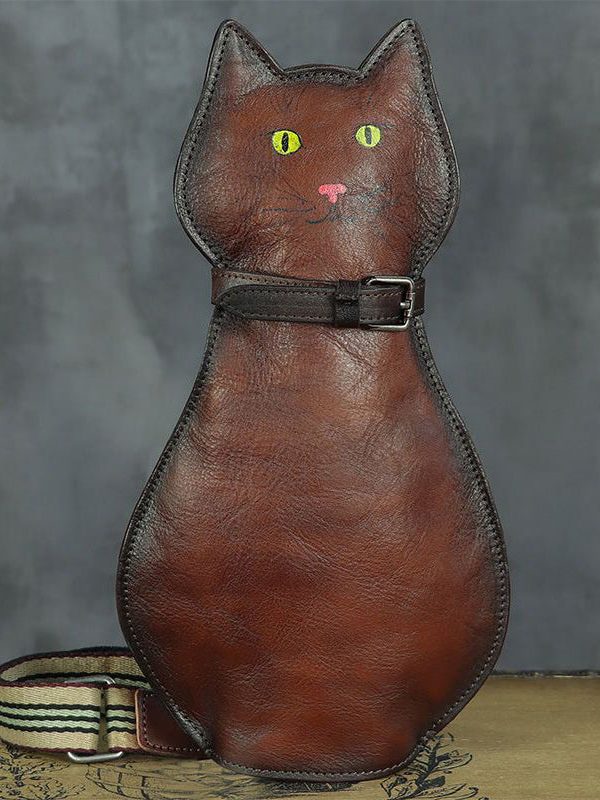 Cute Persian Cat Print Original Design Calf Leather Messenger Bag
