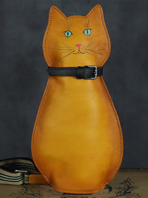 Cute Persian Cat Print Original Design Calf Leather Messenger Bag