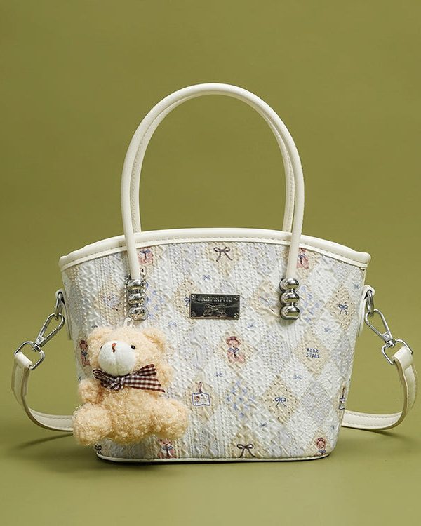Cute White Jacquard Solid Durable Faux Leather Tote Handbag