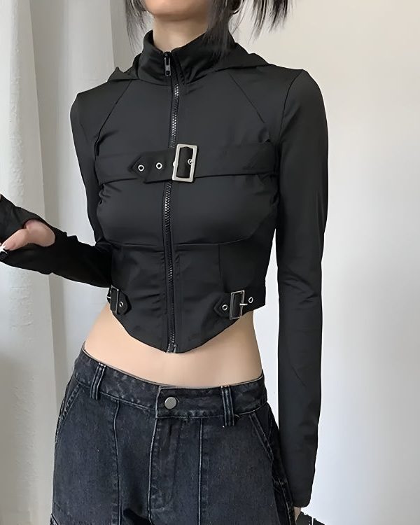 Cyberpunk Belted Zip-Up Crop Jacket