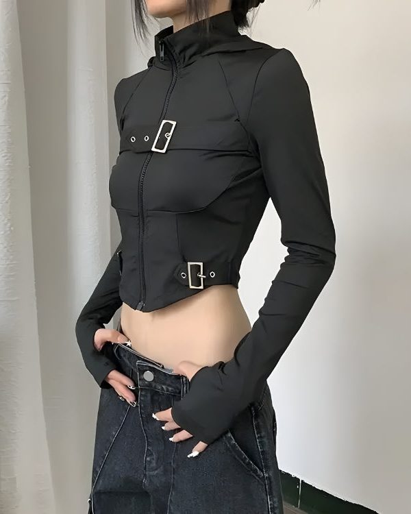 Cyberpunk Belted Zip-Up Crop Jacket