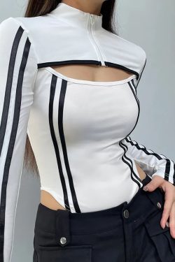 Cyberpunk Striped Cut Out Bodysuit