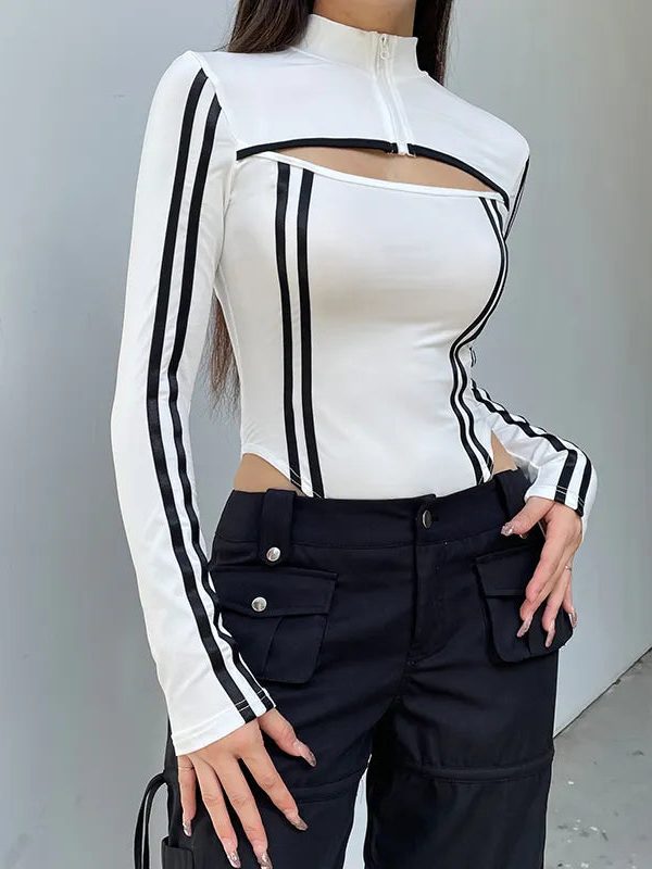 Cyberpunk Striped Cut Out Bodysuit