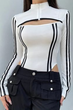 Cyberpunk Striped Cut Out Bodysuit