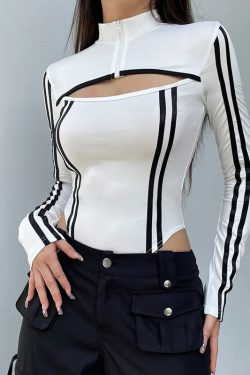 Cyberpunk Striped Cut Out Bodysuit