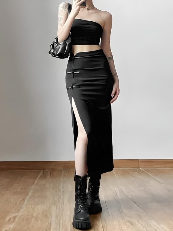 Dark Academia High Split Midi Pencil Skirt