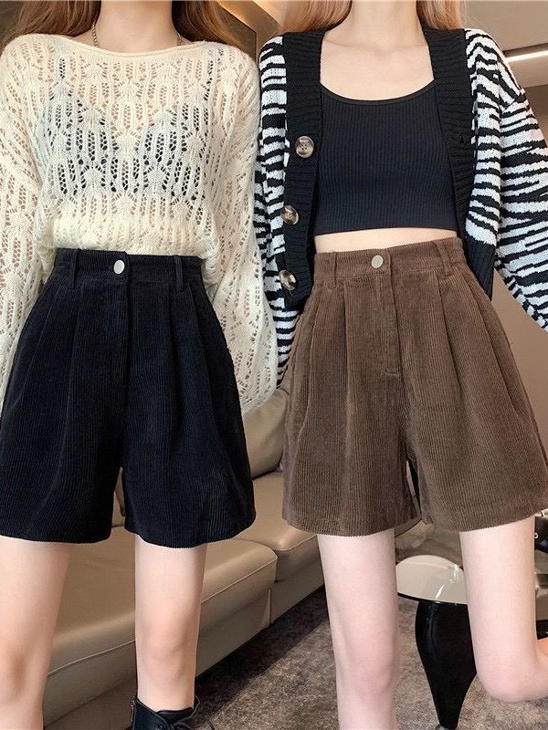Dark Academia High Waist Corduroy Shorts