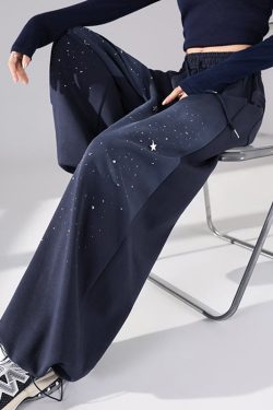 Dark Blue Elastic Waist Wide Leg Pants