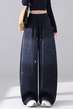 Dark Blue Elastic Waist Wide Leg Pants