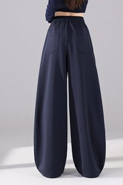Dark Blue Elastic Waist Wide Leg Pants