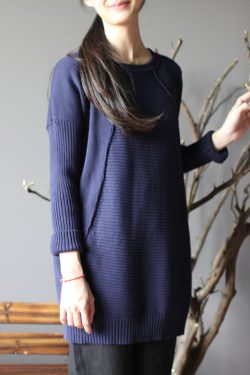 dark blue new cotton sweater tops vintage  fit mid long knit pullover