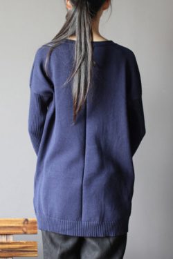 dark blue new cotton sweater tops vintage  fit mid long knit pullover