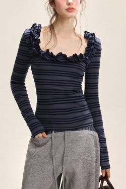 Dark Blue Striped Ruffled Patchwork T Shirt Fall