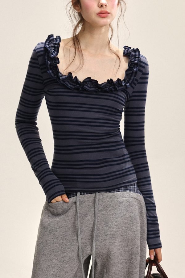 Dark Blue Striped Ruffled Patchwork T Shirt Fall