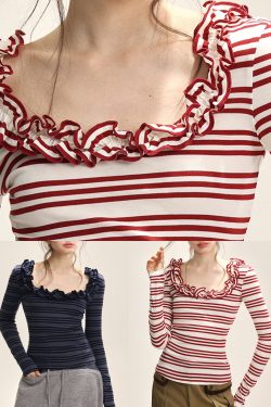 Dark Blue Striped Ruffled Patchwork T Shirt Fall