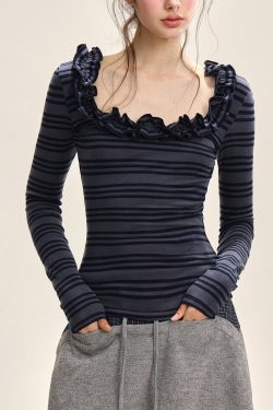 Dark Blue Striped Ruffled Patchwork T Shirt Fall