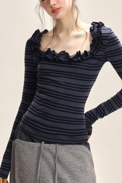 Dark Blue Striped Ruffled Patchwork T Shirt Fall