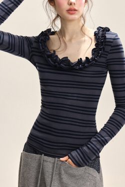 Dark Blue Striped Ruffled Patchwork T Shirt Fall