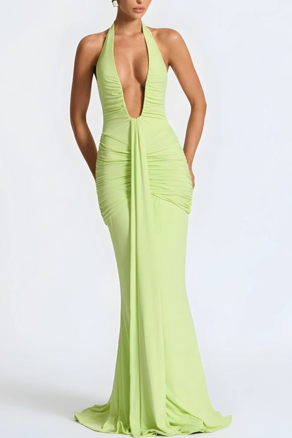 Deep Plunge Ruched Maxi Dress