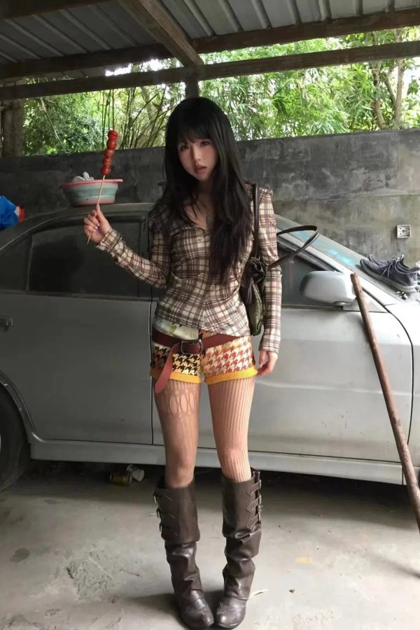 Deep V Neck Plaid Top