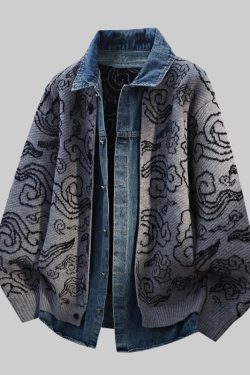 Denim-Collar Knit Cardigan