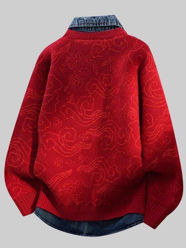 Denim-Collar Knit Cardigan