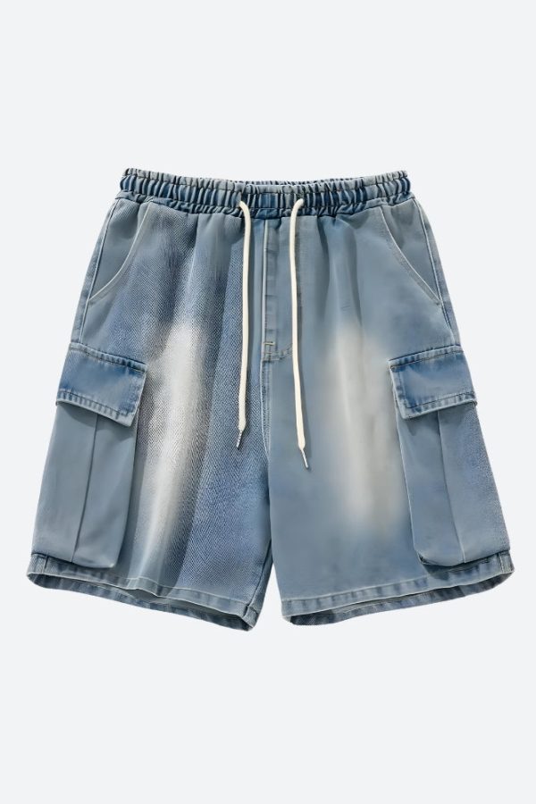 Denim Drawstring Wide Leg Cargo Shorts