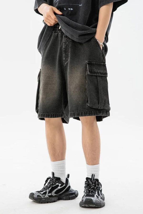 Denim Drawstring Wide Leg Cargo Shorts