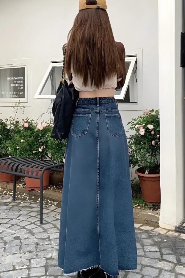 Denim Slit Frayed Hem Maxi Skirt