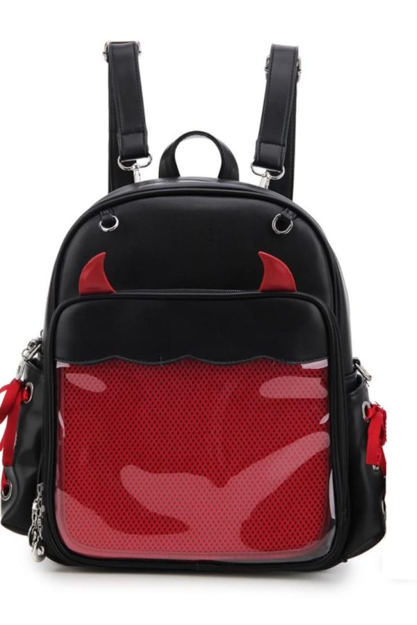 Devil Horns Ita Backpack – Gothic Halloween Badge Display Clear Pocket Punk Crossbody Daypack Women
