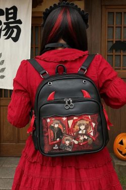 Devil Horns Ita Backpack – Gothic Halloween Badge Display Clear Pocket Punk Crossbody Daypack Women