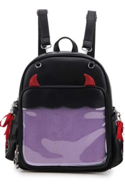 Devil Horns Ita Backpack – Gothic Halloween Badge Display Clear Pocket Punk Crossbody Daypack Women