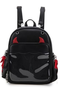 Devil Horns Ita Backpack – Gothic Halloween Badge Display Clear Pocket Punk Crossbody Daypack Women
