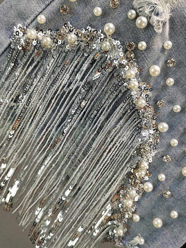 Disco Cowgirl Rhinestone Fringe Denim Shorts