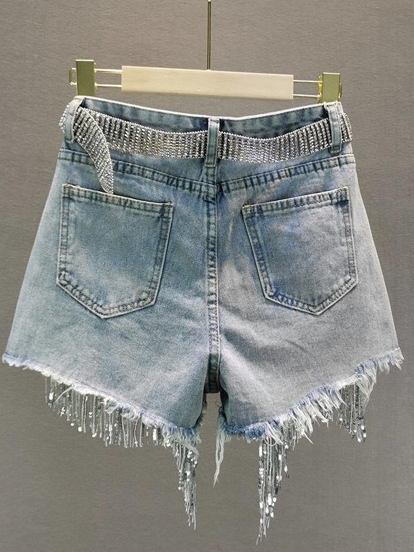 Disco Cowgirl Rhinestone Fringe Denim Shorts