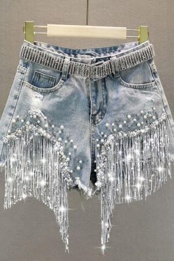 Disco Cowgirl Rhinestone Fringe Denim Shorts