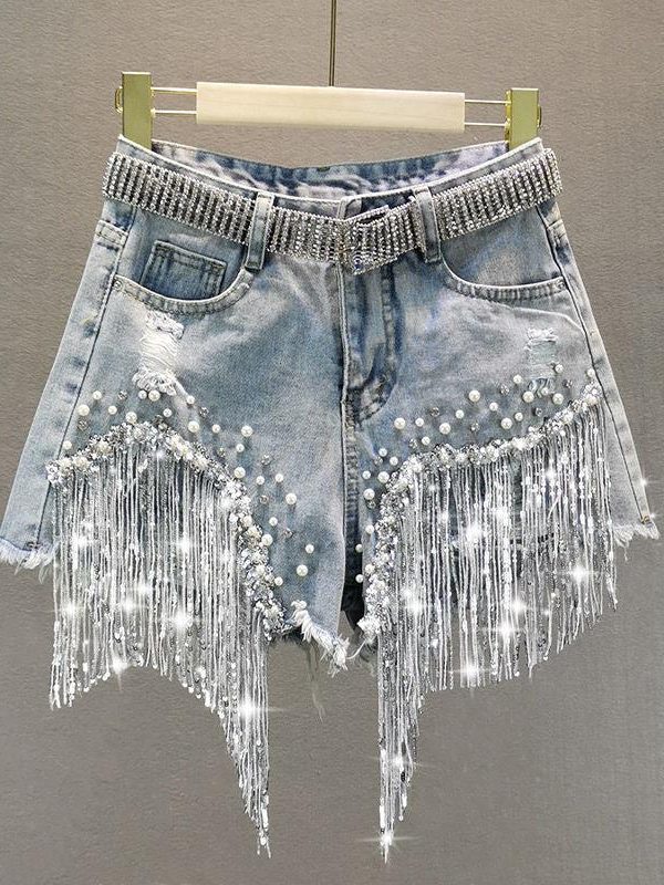 Disco Cowgirl Rhinestone Fringe Denim Shorts