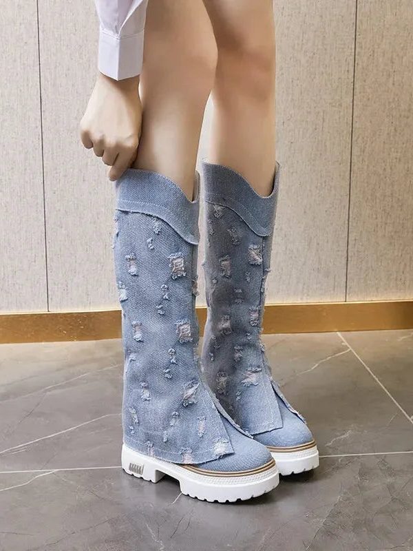 Distressed Denim Boots