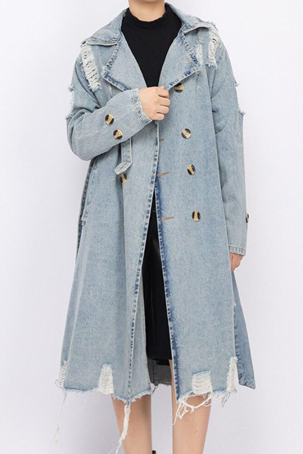 Distressed Denim Trench Coat