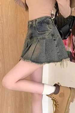 Distressed Pleated Denim Mini Skirt