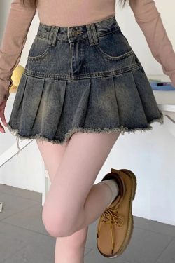 Distressed Pleated Denim Mini Skirt