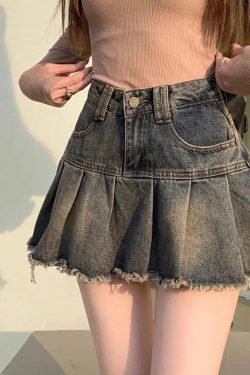 Distressed Pleated Denim Mini Skirt