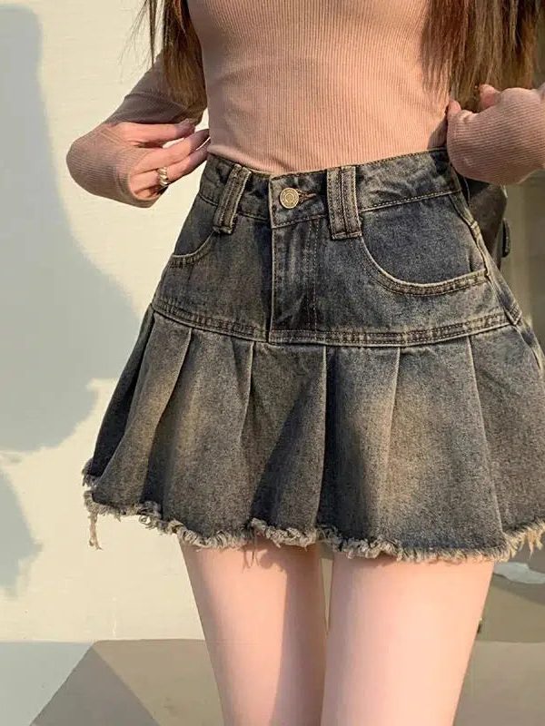 Distressed Pleated Denim Mini Skirt