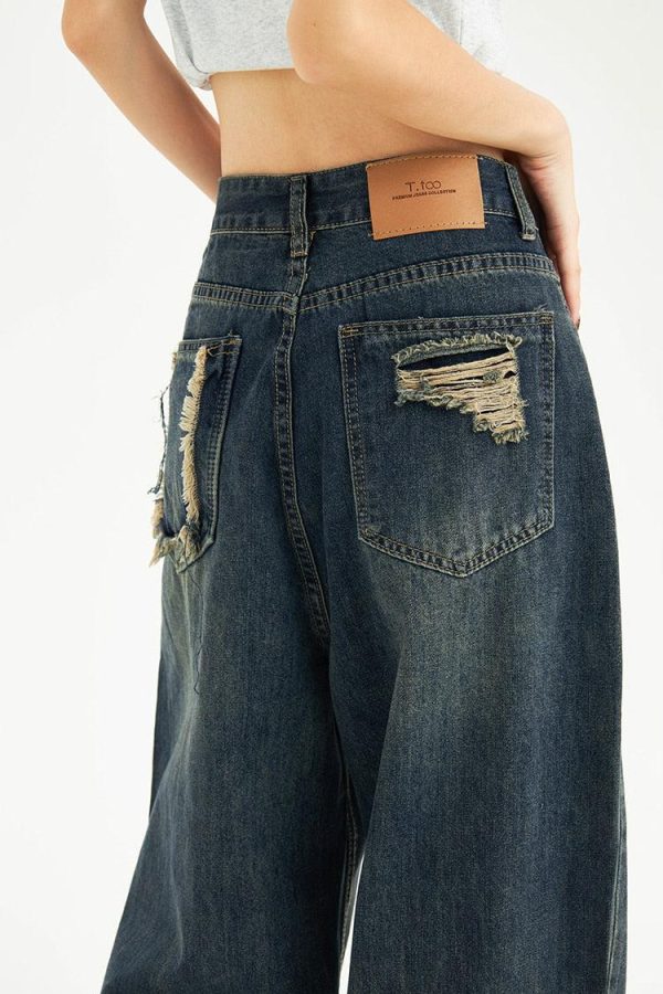 Distressed Pockets Wide Leg Baggy Jeans