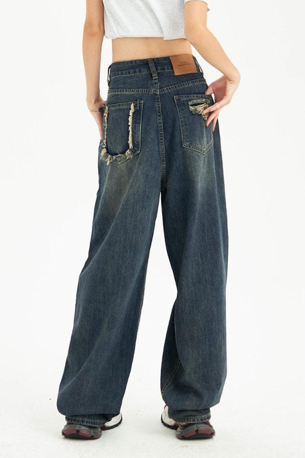 Distressed Pockets Wide Leg Baggy Jeans