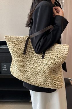 DIY Beige Zip Up Patchwork Straw Woven Satchel Bag Handbag