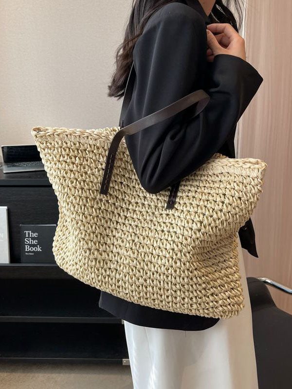 DIY Beige Zip Up Patchwork Straw Woven Satchel Bag Handbag