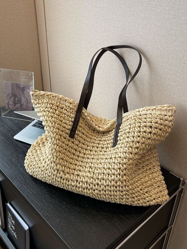 DIY Beige Zip Up Patchwork Straw Woven Satchel Bag Handbag