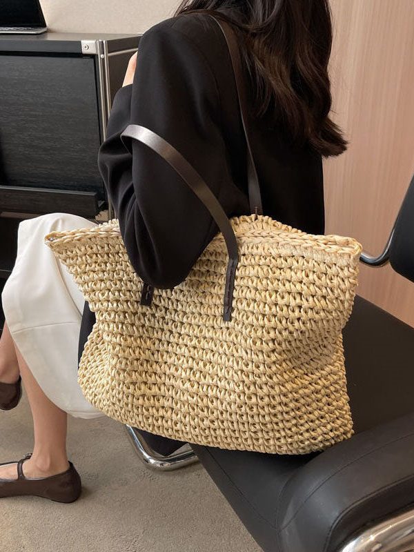 DIY Beige Zip Up Patchwork Straw Woven Satchel Bag Handbag