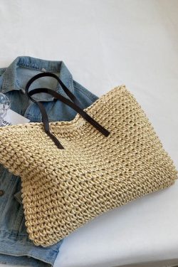 DIY Beige Zip Up Patchwork Straw Woven Satchel Bag Handbag